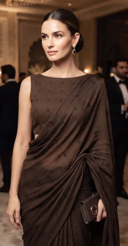 Coffee Crush Embroidered Soft Linen Saree