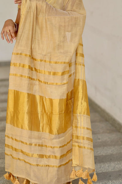 Golden Beige Soft Linen Saree with Zari Stripes & Tassel Border