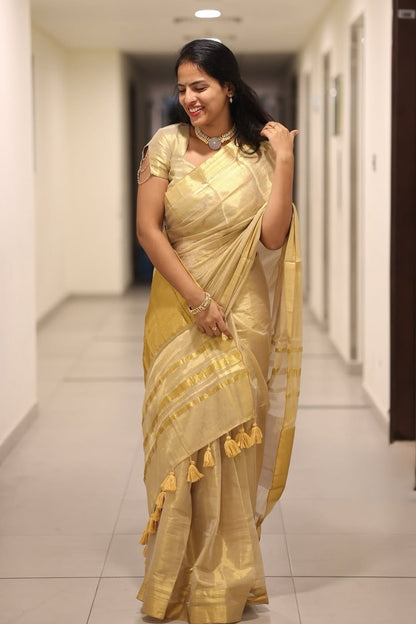 Golden Beige Soft Linen Saree with Zari Stripes & Tassel Border