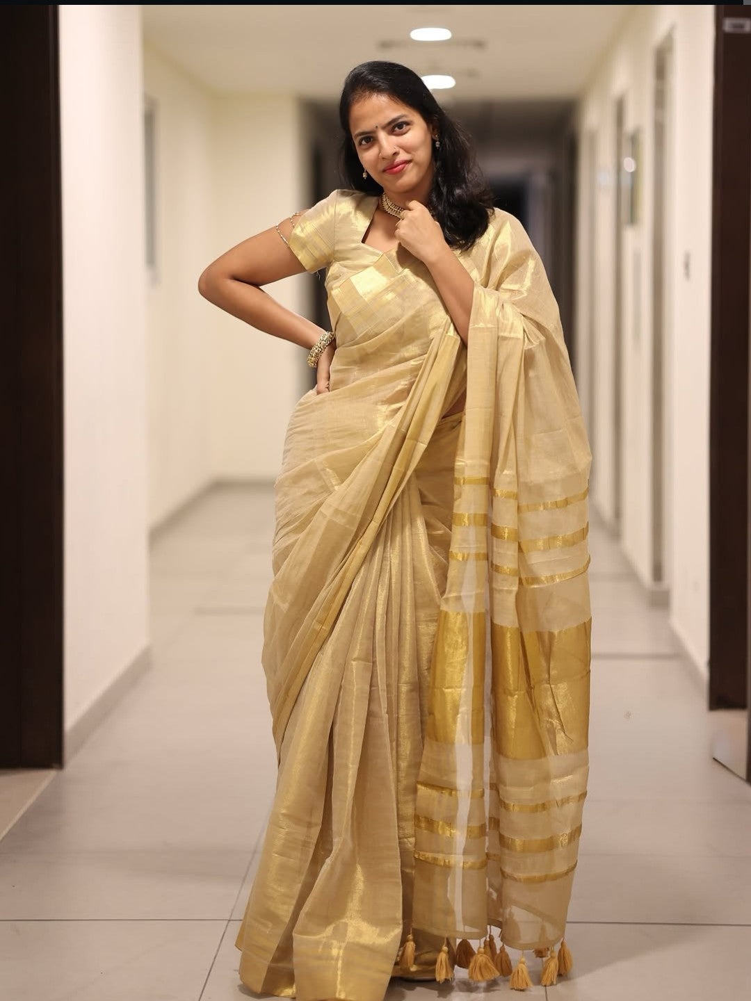 Golden Beige Soft Linen Saree with Zari Stripes & Tassel Border
