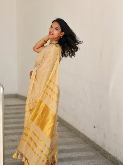 Golden Beige Soft Linen Saree with Zari Stripes & Tassel Border