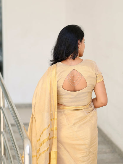 Golden Beige Soft Linen Saree with Zari Stripes & Tassel Border