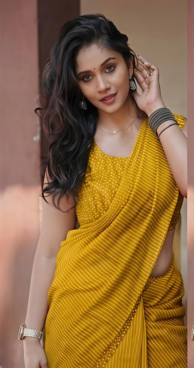 Mustard Yellow Linen Cotton Saree with Stripes & Dots