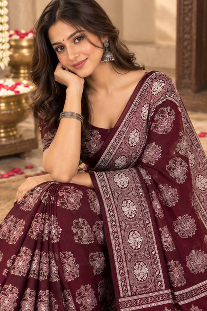 Burgundy Ajrakh Gajji Silk Saree with Elephant Motifs & Designer Pallu