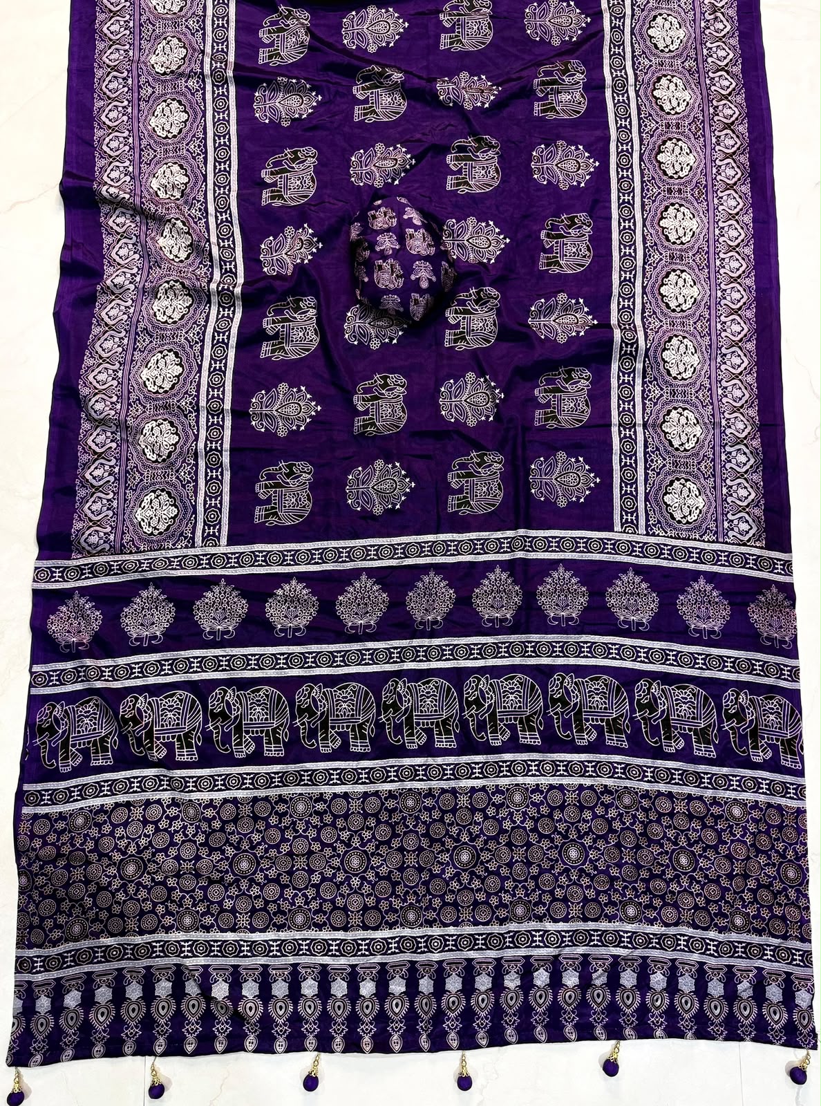 Royal Purple Ajrakh Gajji Silk Saree with Elephant Motif & Designer Pallu