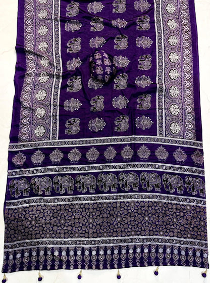 Royal Purple Ajrakh Gajji Silk Saree with Elephant Motif & Designer Pallu