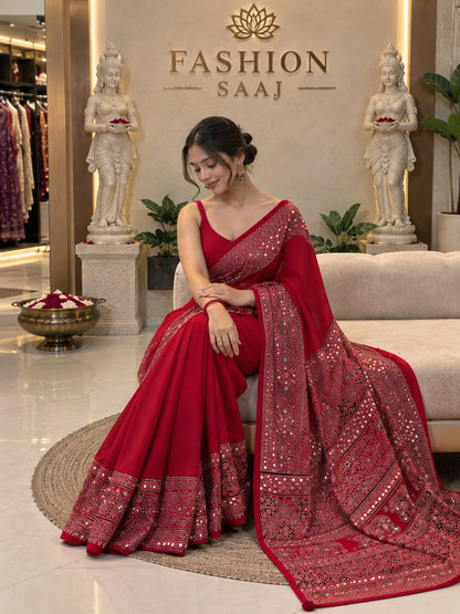 Red Ajrakh Gajji Silk Saree with Traditional Printed Border & Pallu