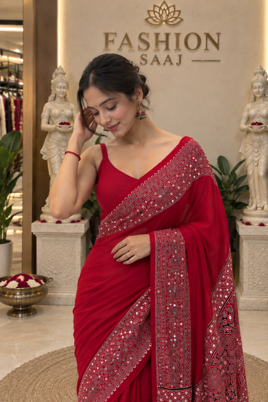 Red Ajrakh Gajji Silk Saree with Traditional Printed Border & Pallu