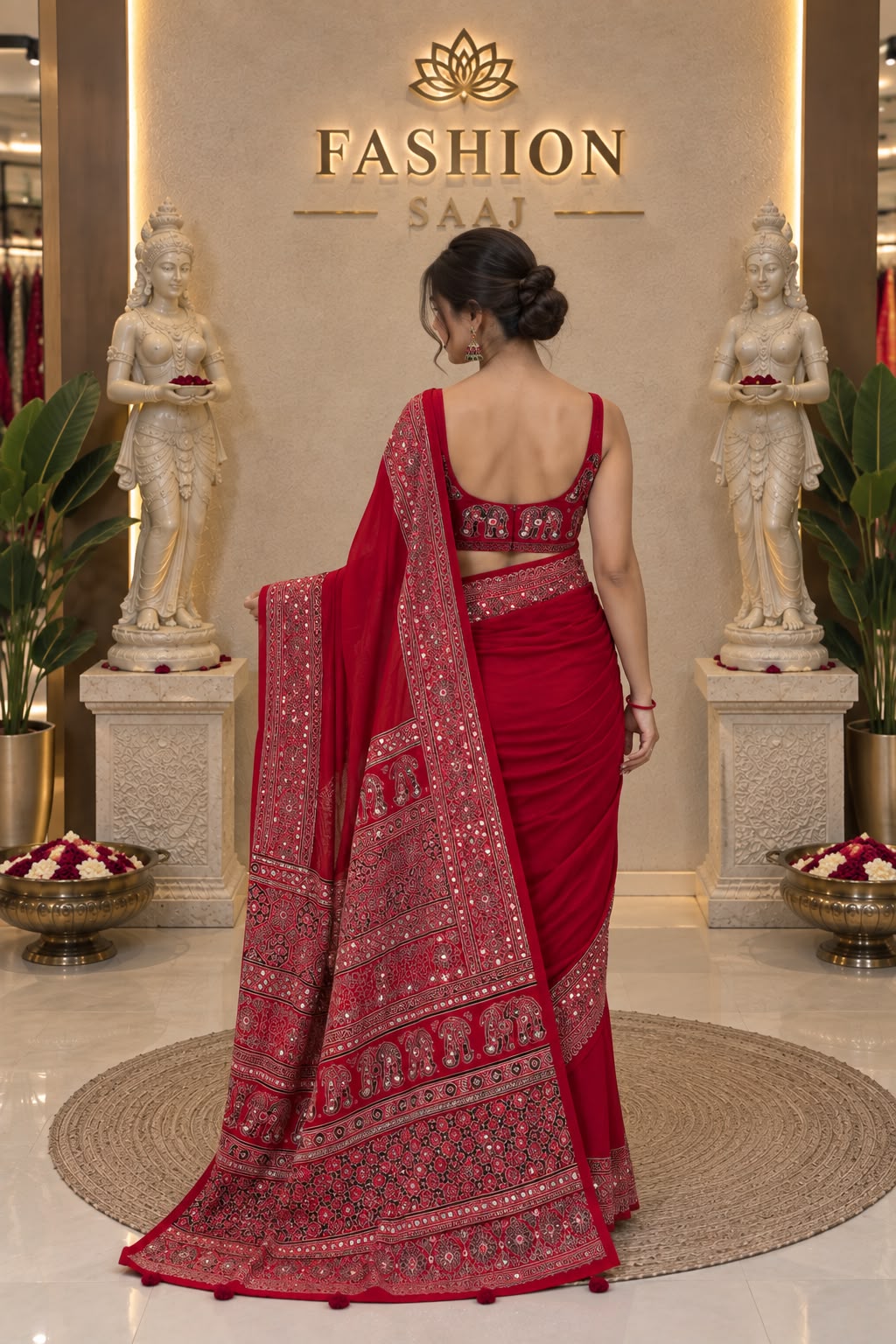 Red Ajrakh Gajji Silk Saree with Traditional Printed Border & Pallu