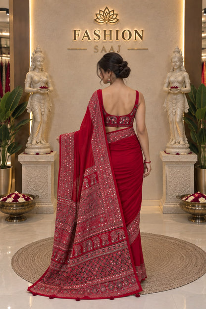 Red Ajrakh Gajji Silk Saree with Traditional Printed Border & Pallu