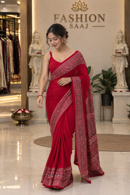 Red Ajrakh Gajji Silk Saree with Traditional Printed Border & Pallu