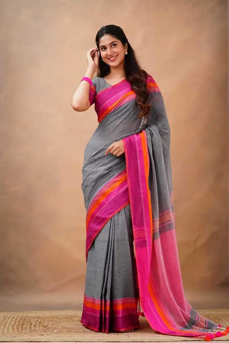 Grey Cotton Linen Saree with Pink & Orange Striped Border