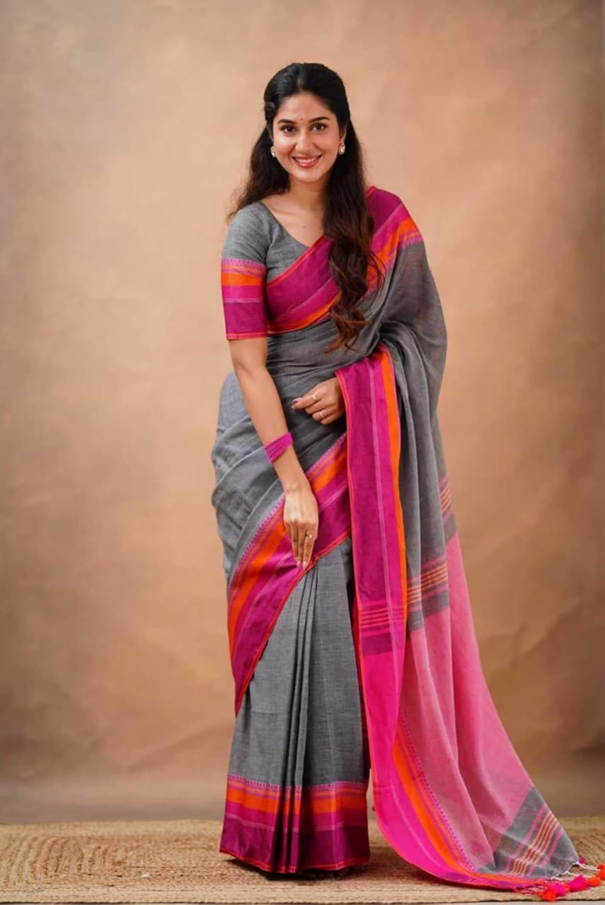 Grey Cotton Linen Saree with Pink & Orange Striped Border