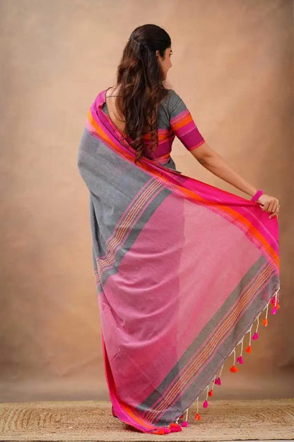Grey Cotton Linen Saree with Pink & Orange Striped Border
