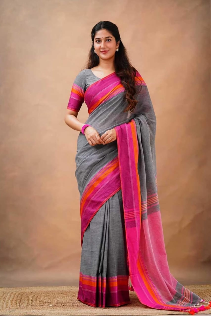 Grey Cotton Linen Saree with Pink & Orange Striped Border