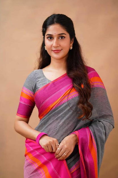 Grey Cotton Linen Saree with Pink & Orange Striped Border