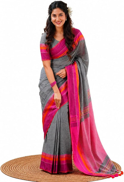 Grey Cotton Linen Saree with Pink & Orange Striped Border