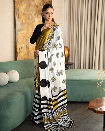 Elegant Mustard & White Printed Saree with Abstract Polka Dots & Floral Design – Modern Office & Party Wear Saree