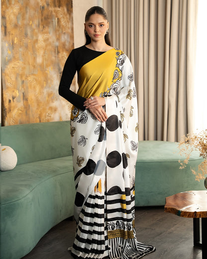 Elegant Mustard & White Printed Saree with Abstract Polka Dots & Floral Design – Modern Office & Party Wear Saree
