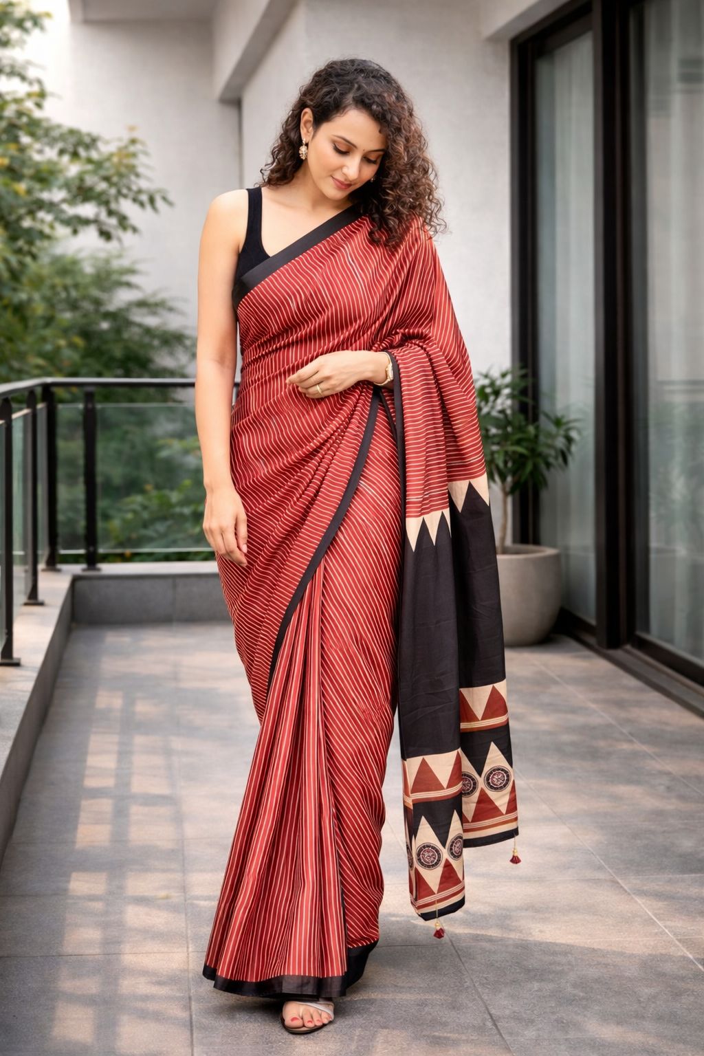 Elegant Red Striped Cotton Saree with Black Designer Border & Printed Pallu – Stylish Casual & Office Wear Saree