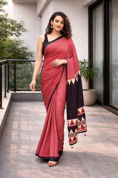 Elegant Red Striped Cotton Saree with Black Designer Border & Printed Pallu – Stylish Casual & Office Wear Saree