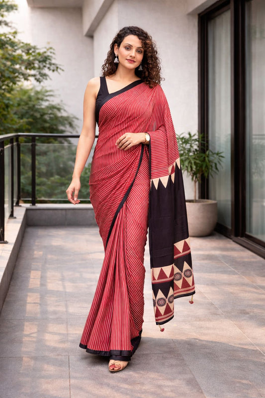 Elegant Red Striped Cotton Saree with Black Designer Border & Printed Pallu – Stylish Casual & Office Wear Saree