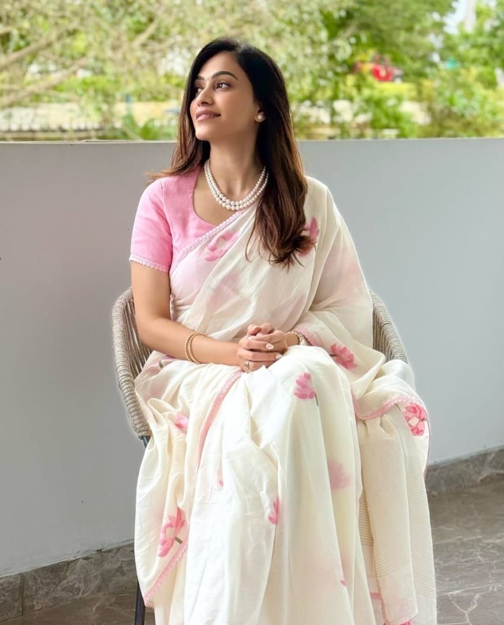 Off White Pink Lotus Linen Saree with Soft Floral Print