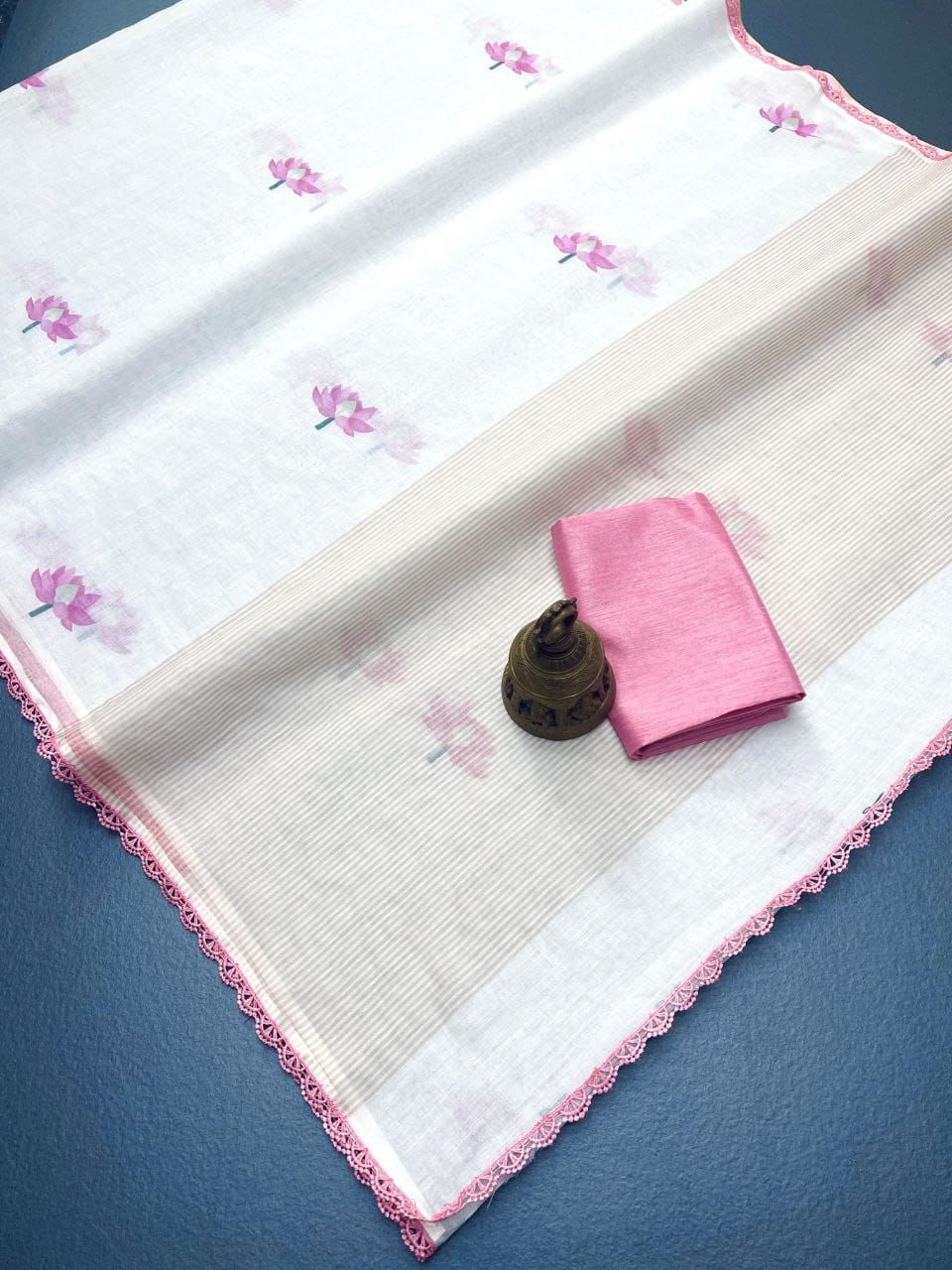 Off White Pink Lotus Linen Saree with Soft Floral Print