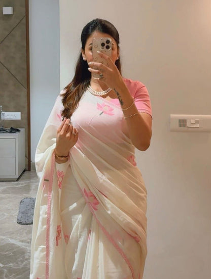 Off White Pink Lotus Linen Saree with Soft Floral Print