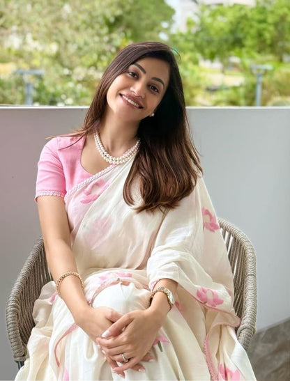 Off White Pink Lotus Linen Saree with Soft Floral Print