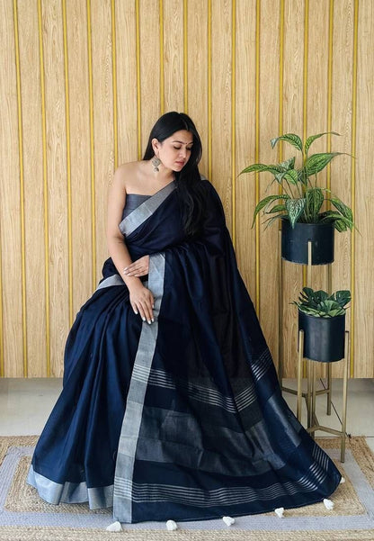 Navy Blue Silk Cotton Saree with Silver Border | Elegant Traditional Saree for Women