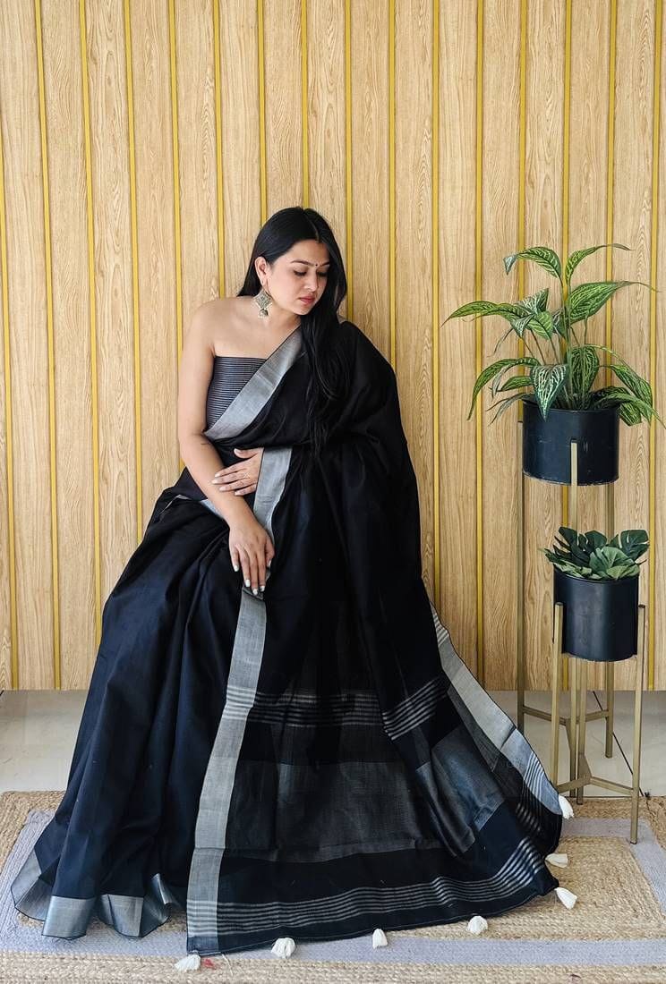 Black Linen Saree with Silver Border Lightweight Elegant Linen Saree for Women