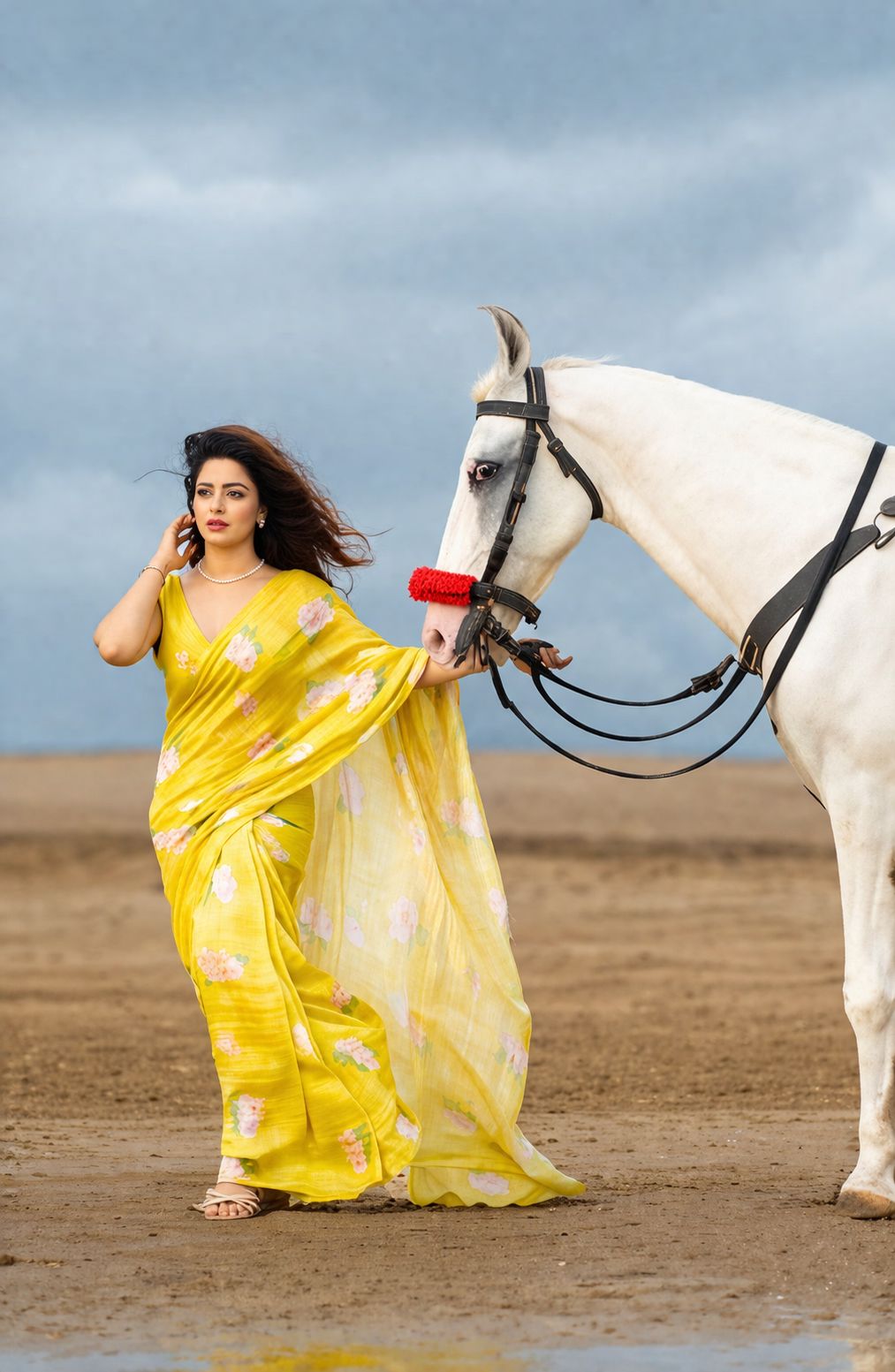 Bright Yellow Linen Saree with Pink Floral Print