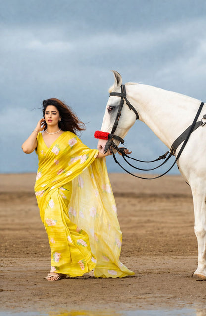 Bright Yellow Linen Saree with Pink Floral Print
