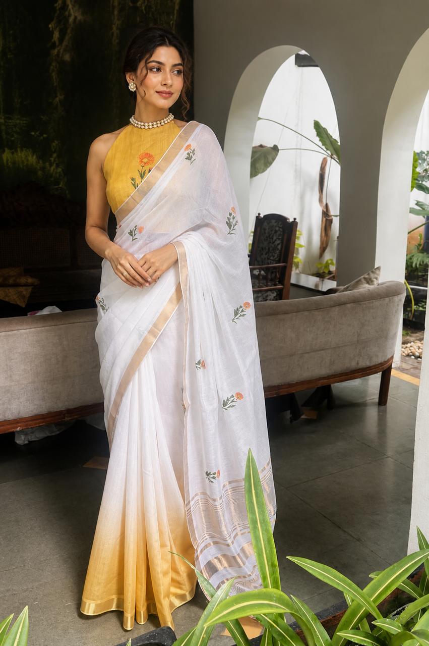White and Yellow Linen Ombre Saree with Floral Motifs