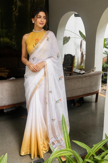 White and Yellow Linen Ombre Saree with Floral Motifs