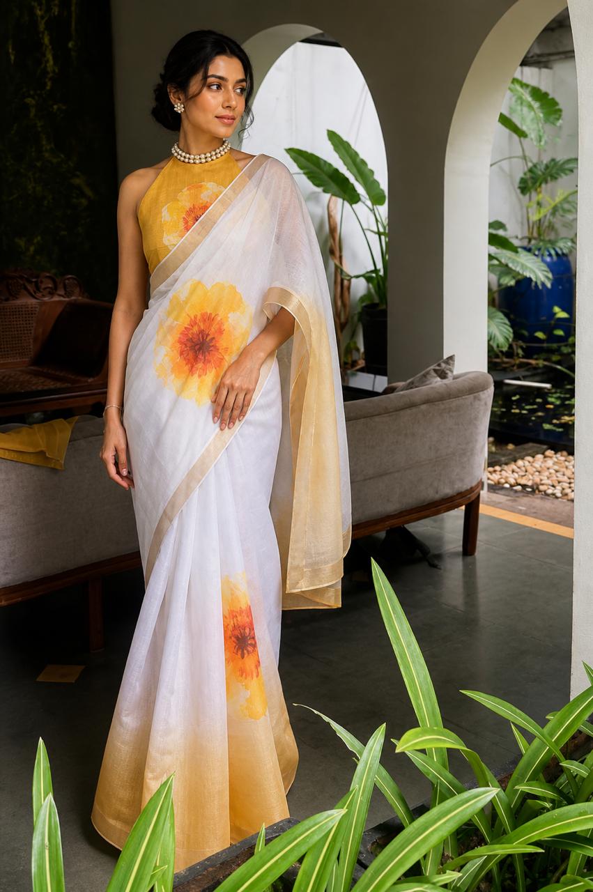 White and Yellow Linen Saree with Large Floral Prints