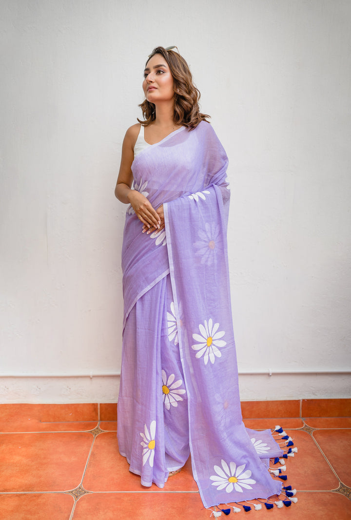 Lavender Floral Print Linen Cotton Saree