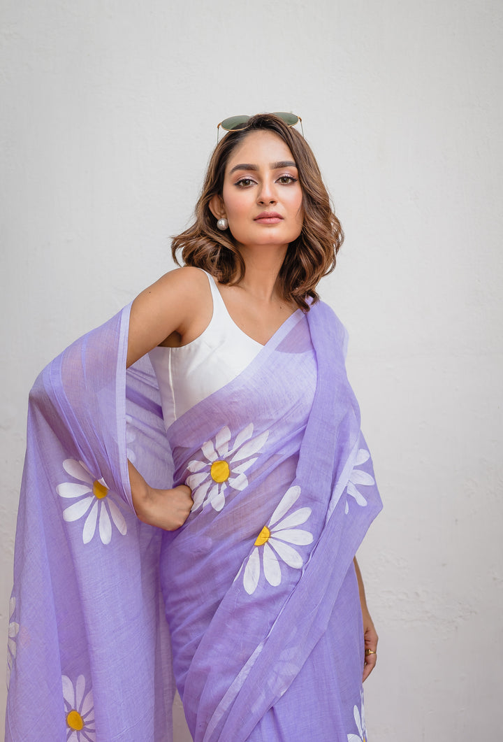 Lavender Floral Print Linen Cotton Saree