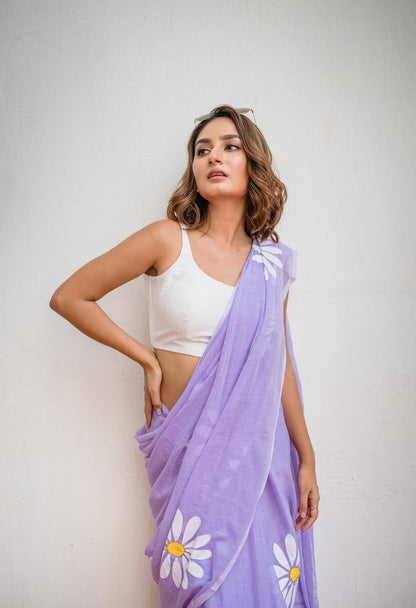 Lavender Floral Print Linen Cotton Saree