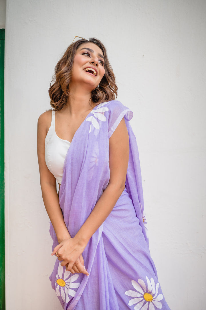 Lavender Floral Print Linen Cotton Saree