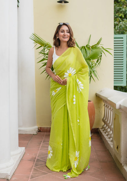 Lime Green Floral Print Linen Cotton Saree