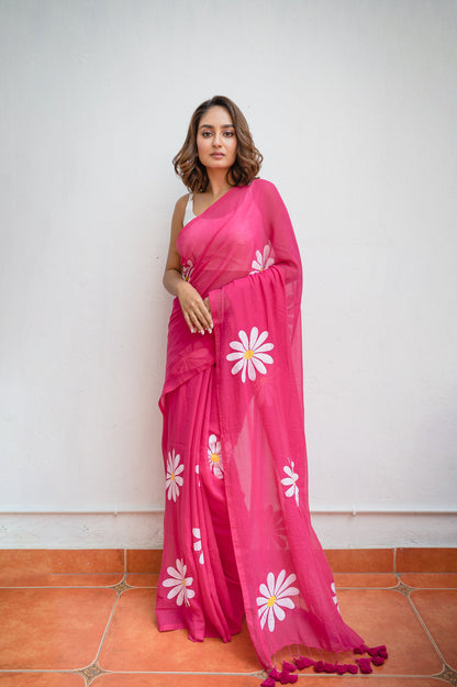 Hot Pink Floral Print Linen Cotton Saree