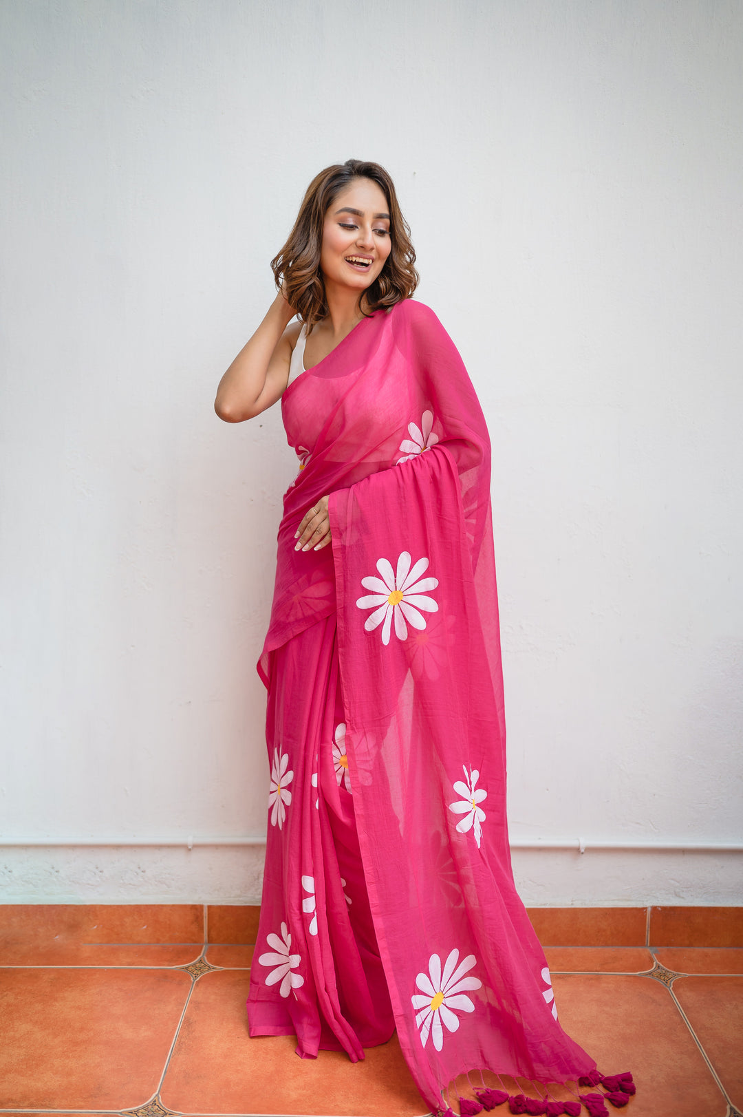 Hot Pink Floral Print Linen Cotton Saree