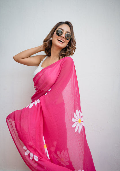 Hot Pink Floral Print Linen Cotton Saree