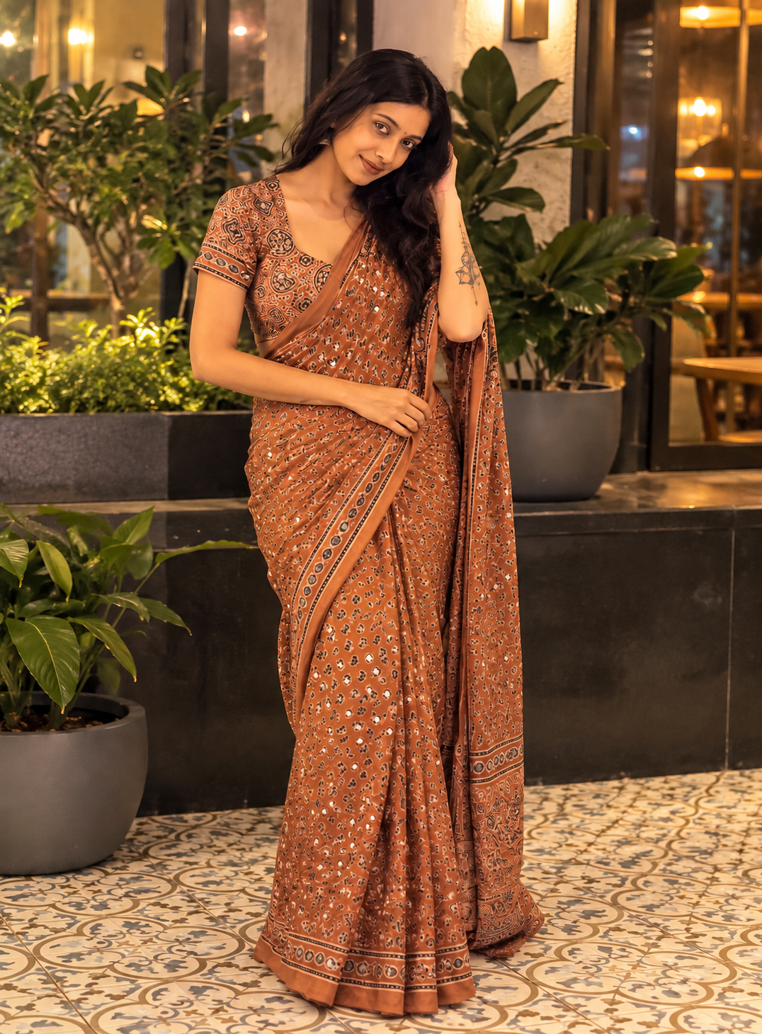 Rust Brown Ajrakh Printed Modal Silk Saree with Designer Border