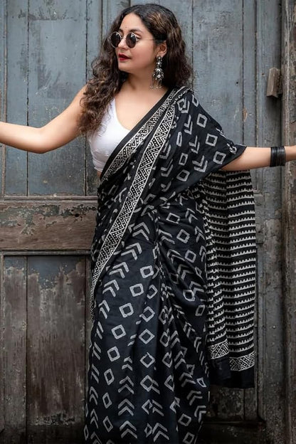 Black Geometric Print Linen Cotton Saree