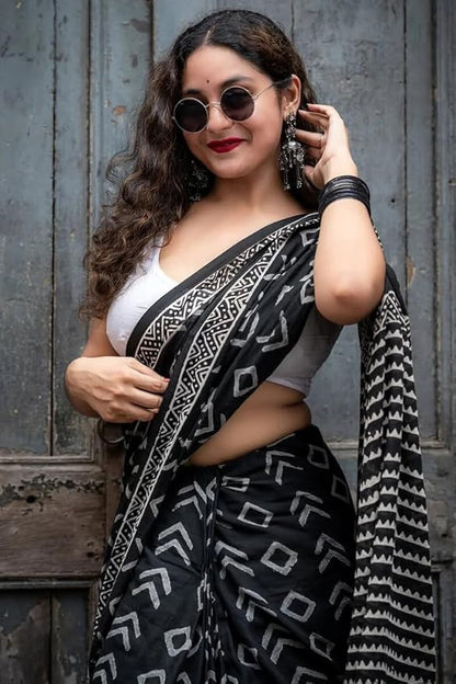Black Geometric Print Linen Cotton Saree