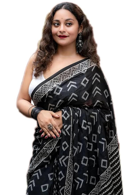Black Geometric Print Linen Cotton Saree