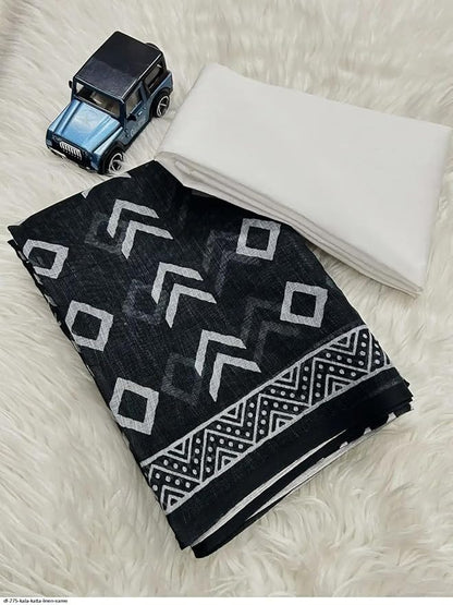 Black Geometric Print Linen Cotton Saree